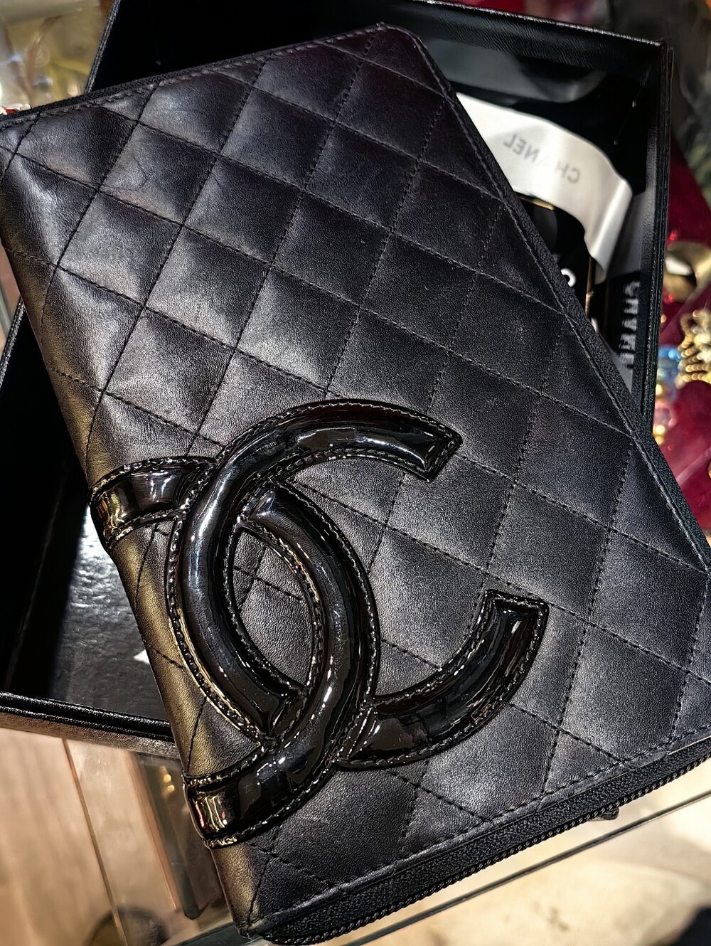 Chanel Cambon Black leather zip around Wallet organizer clutch ID bracelet pull